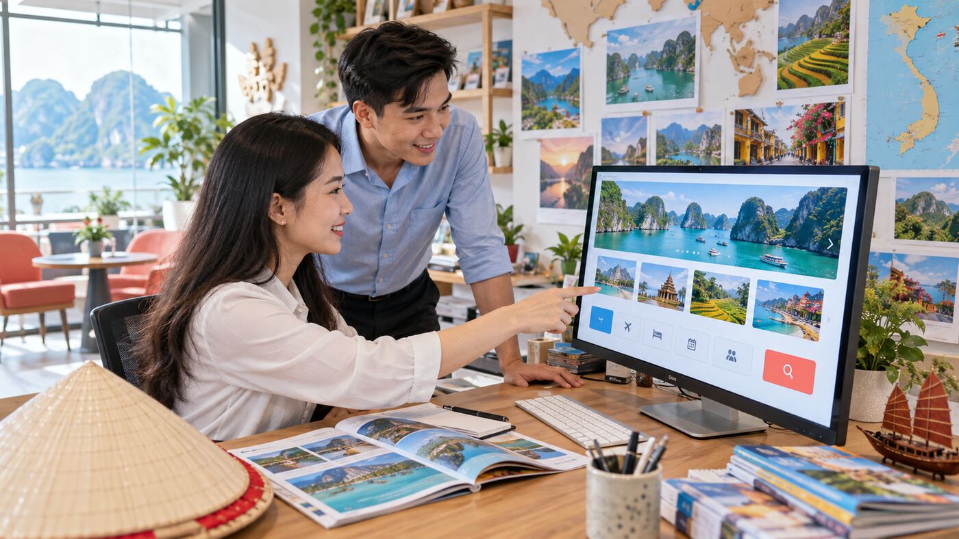 Góc làm việc minh họa chủ đề công ty thiết kế website du lịch